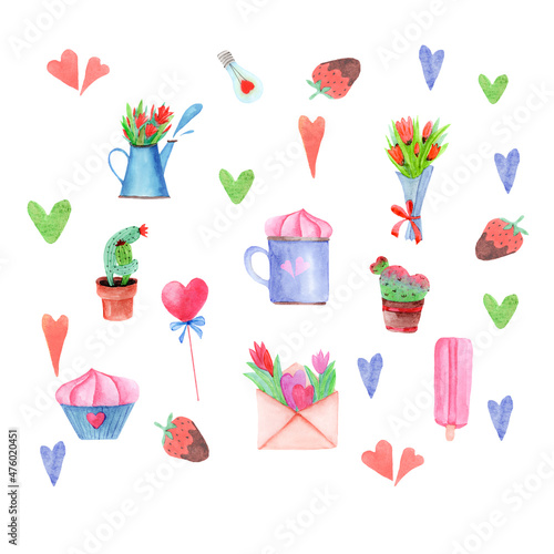 watercolor set with bouquets of tulips and romantic cacti for valentine's day design, cacti, cupcakes, pink lollipop and bouquets of flowers, romantic set for design greeting cards