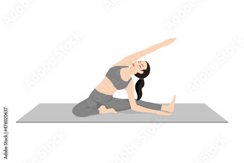 Revolved Head to Knee Prep Beautiful girl practice Parivrtta Janu Sirsasana Prep. Young attractive woman practicing yoga exercise. working out, black wearing sportswear, grey pants and top, indoor