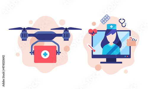Healthcare and Pharmacy Mobile and Digital Service App on Computer Screen and Drone Carrying First Aid Kit Box Vector Set