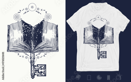 Education. Open magic book and key tattoo and t-shirt design. Symbol of wisdom, lives and death, literature, poetry and reading. Vector graphics template. Hand drawn illustration