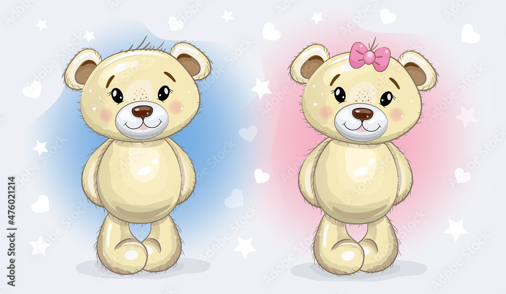 Cute Cartoon Teddy Bears isolated on a blue and pink background with hearts and stars.  Baby shower. Baby doll vector illustration.