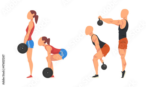 Man and Woman in Shorts Doing Sport Workout and Strength Exercise Lifting Kettlebell and Barbell Vector Set © topvectors