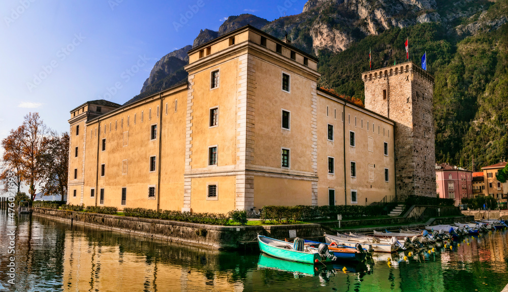 medieval Castle of northern Italy. Lake Lago di Grada, Riva del Garda town, Rocca di Riva castle.