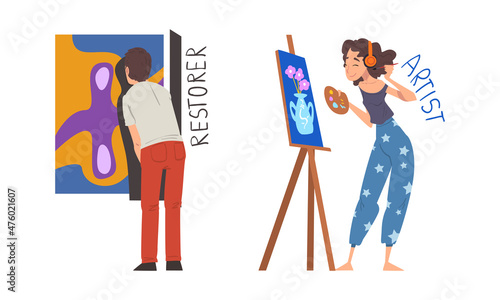Man Restorer and Woman Artist Painting Picture Having Creative Profession Vector Set