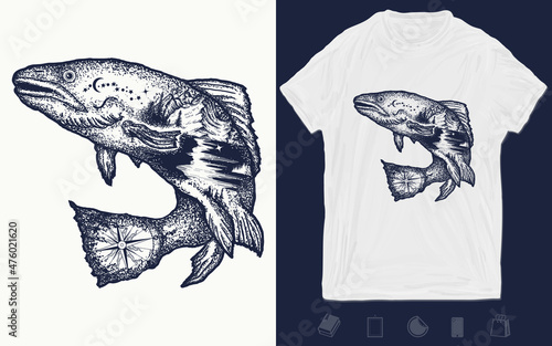 Trout double exposure tattoo art and t-shirt design. Salmon. Symbol of fishing, tourism, wild nature, outdoor, travel. Vector graphics template. Hand drawn illustration