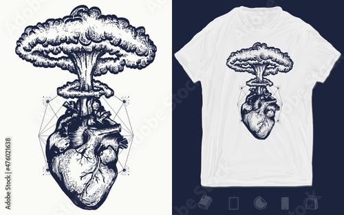 Nuclear explosion of anatomical heart. Tattoo and t-shirt design surreal graphic. Symbol of love, feelings, energy. Vector graphics template. Hand drawn illustration