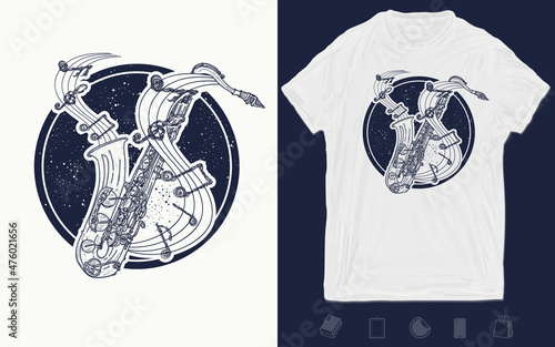 Notes take off from a saxophone, musical tattoo. Jazz music in universe t-shirt design. Vector graphics template. Hand drawn illustration