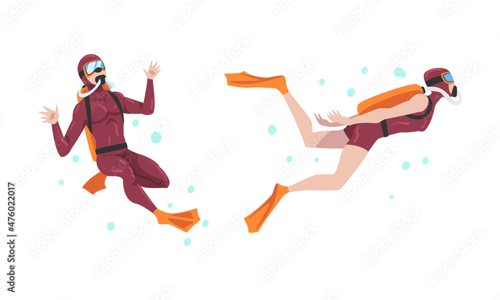 Scuba Diving Man and Woman with Breathing Equipment and Flippers Diving Underwater Vector Set