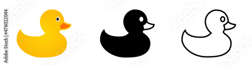 Rubber duck icon set. Toy bath duck icon. Yellow rubber duck.