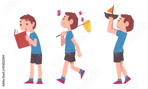 Little Boy Reading Book and Walking with Catching Net Vector Set