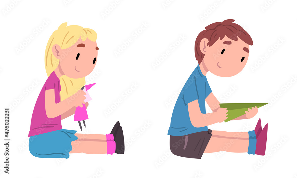 Little Boy and Girl Sitting on the Floor and Playing with Doll and Paper PlaneVector Set Little Boy and Girl Sitting on the Floor and Playing with Doll and Paper PlaneVector Set