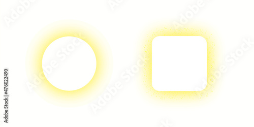 Glitter gold particles shadow circle square shape banner on white background. Gold award glitter vector button.