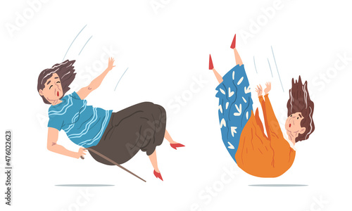 Elderly Woman Stumbling and Falling Down by Accident Vector Set