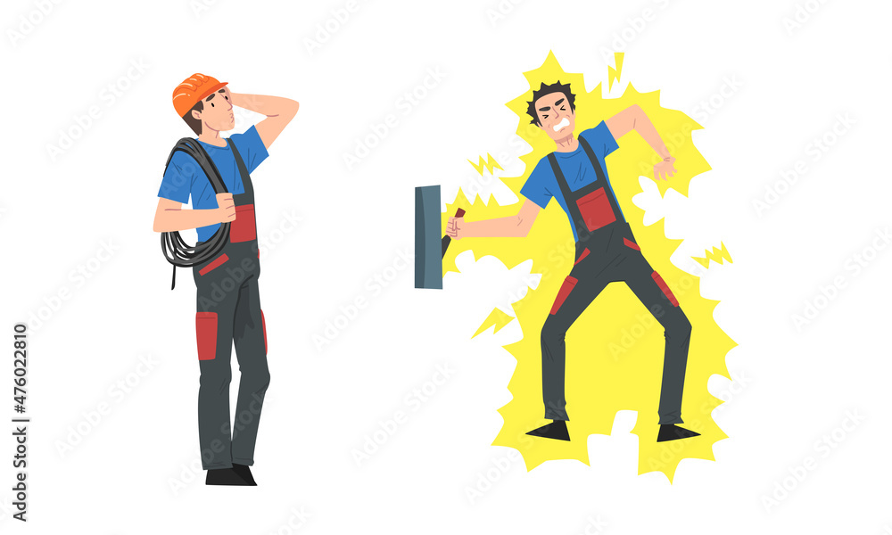 Fototapeta premium Man Electrician in Overall Fixing Electrical Wiring Received Electric Shock Vector Set