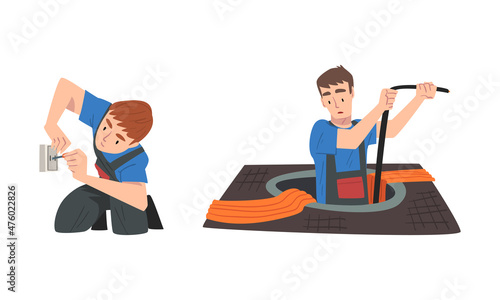 Man Electrician in Overall Fixing Electrical Wiring in Socket Vector Set