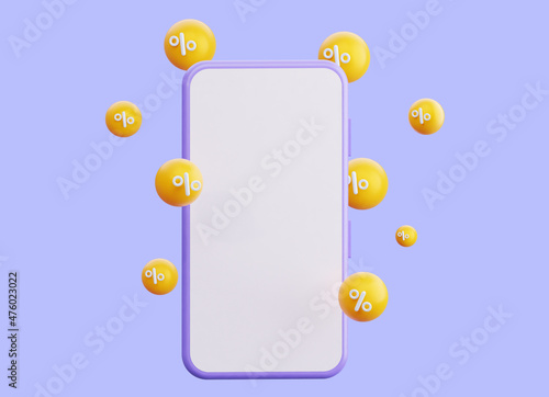 A mockup of a phone with flying yellow spheres with a percentage sign. 3D rendering