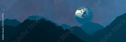 View of the planet earth from an unknown planet. Mountain landscape.Futuristic fantastic image.Banner.Elements of this image are furnished by NASA.3Д рендеринг.