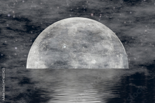Fototapeta Naklejka Na Ścianę i Meble -  Futuristic fantastic image of the moon shining on the water surface against the background of the starry sky.Nebula.Reflection.Elements of this image are furnished by NASA.3D rendering.