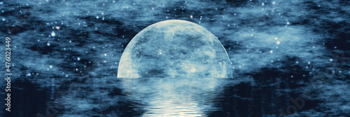 Futuristic fantastic image of the moon shining on the water surface against the background of the starry sky.Nebula.Reflection.Banner.Elements of this image are furnished by NASA.3D rendering.