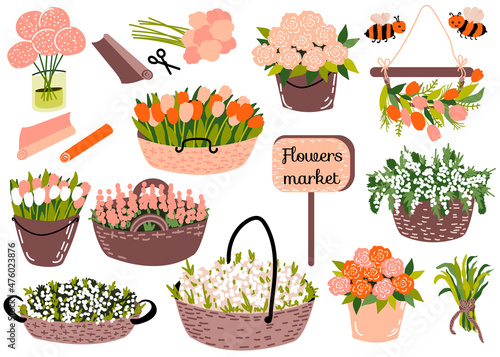 Set with buckets, baskets with different spring flowers: roses, tulips and other, wrapping paper. Wooden board with text Flowers market. Cute bees. Vector illustration