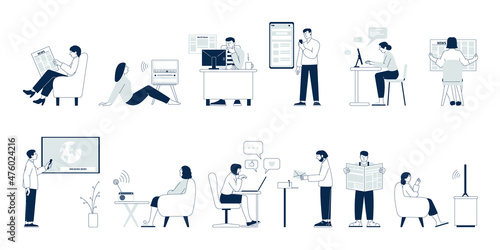 People and news. Person read newspaper, digital radio information flow. Flat characters using gadgets, listen and watching media, recent vector set