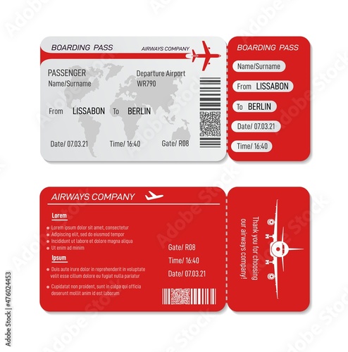Realistic boarding pass. Plane tickets, flying trip namecard. Airplane board cards. Isolated paper ticket for travel or vacation, exact vector template