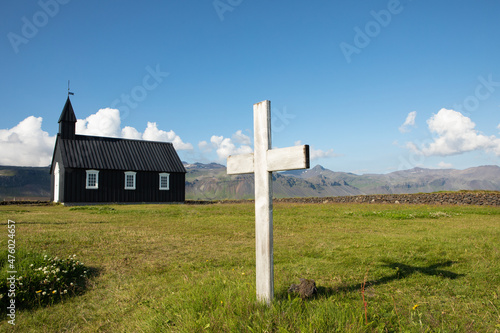 Black wooden church in Budir at the Snaefellsnes peninsula in Iceland photo