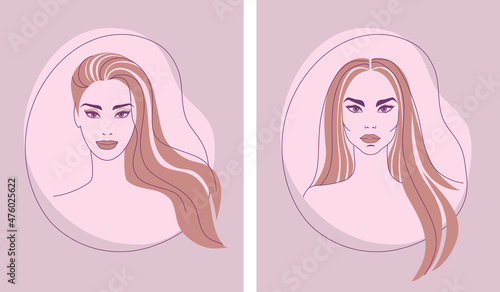 Two line art illustrations of beautiful women with long hair