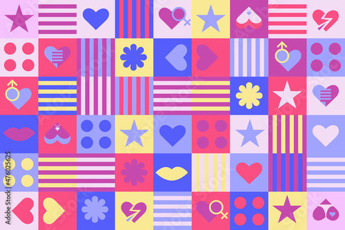 Geometric vector flat seamless pattern with hearts - valentine day