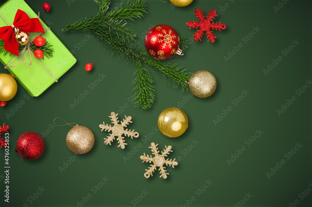 Christmas background with gift boxes and decorations on the desk