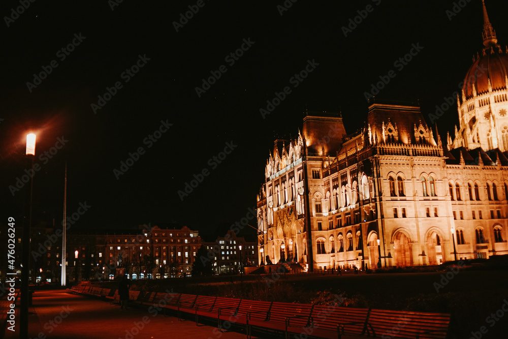 Hungary. Budapest. 12/14/2021. Hungarian Parliament building at night, night architecture of Budapest.