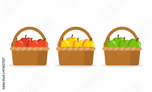Different apples in wicker basket isolated on white background. Red, yellow and green apples. Vector stock