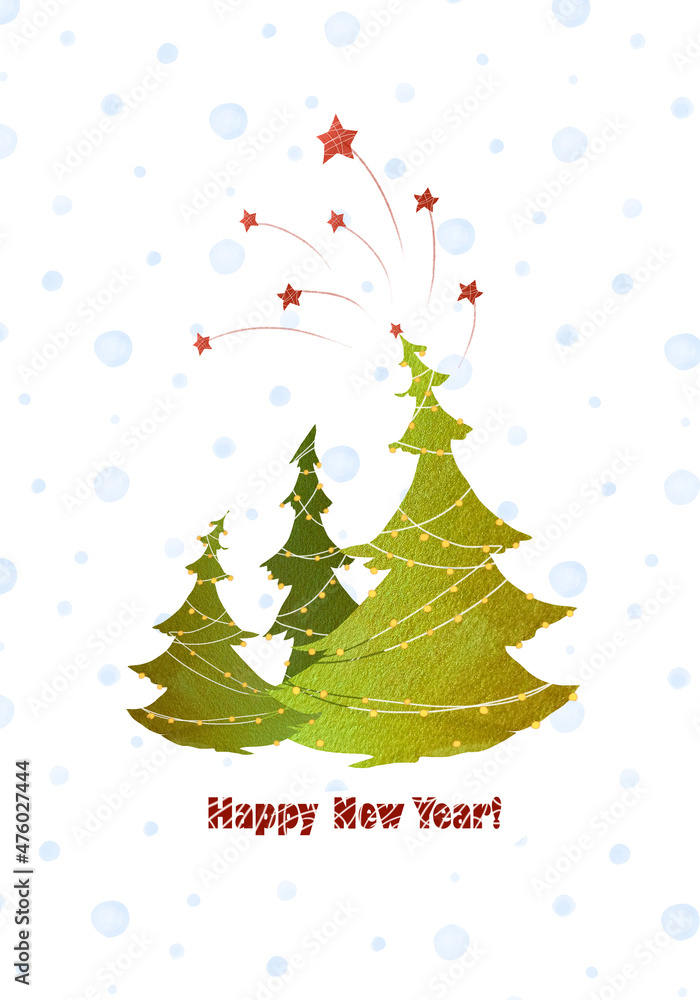 ready to print Christmas card with cute Christmas trees in the background of snow and fireworks wishing a happy new year