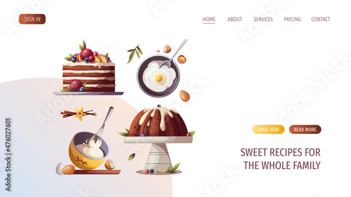 The process of baking cakes. Baking, bakery shop, cooking, sweet products, dessert, pastry concept. Vector illustration for poster, banner, website, advertising.