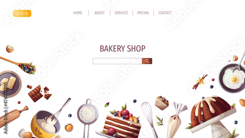 Cakes, muffins and baking elements. Baking, bakery shop, cooking, sweet products, dessert, pastry concept. Vector illustration for poster, banner, website, advertising.