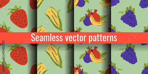Strawberry, corn and grapes. Pomegranate, banana and plum. Fruit seamless pattern bundle. Color illustration collection in hand-drawn style. Vector repeat background set