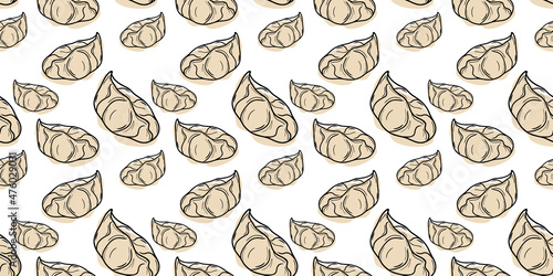 Dumplings or mandu seamless pattern. Popular Asian cuisine known as Pangsit or Gyoza. Doodle. Suitable for wallpapers, web page backgrounds, surface textures, textiles.