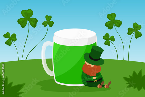 Leprechaun asleep leaning on mug of green beer. Vector illustration.