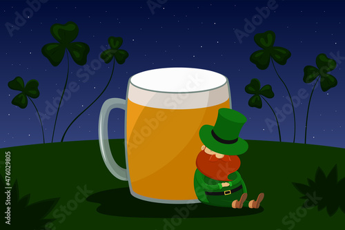 Leprechaun asleep leaning on mug of beer. Vector illustration.