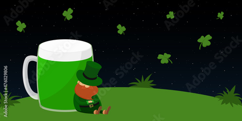 Leprechaun asleep leaning on mug of green beer. St. Patrick's Day. Vector illustration.