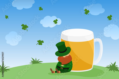 Leprechaun asleep leaning on mug of beer. St. Patrick's Day. Vector illustration.