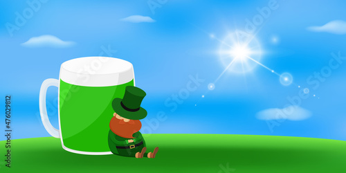 Leprechaun sleeping during day and leaning on mug of green beer. Vector illustration.