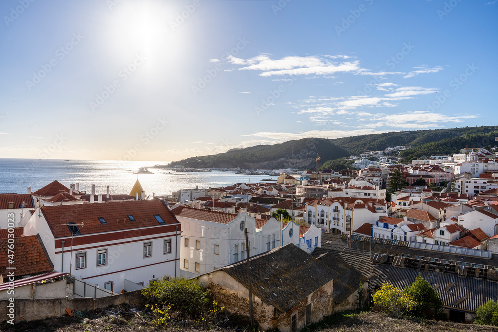 Sesimbra cityscape with historic old town and Atlantic ocean, Portugal