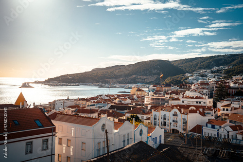Sesimbra cityscape with historic old town and Atlantic ocean, Portugal photo