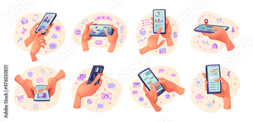 Hand holding smartphone and using apps cartoon set. Vector people hold phones with shopping, navigation, social media and finance, weather and chat application, playing games on digital device
