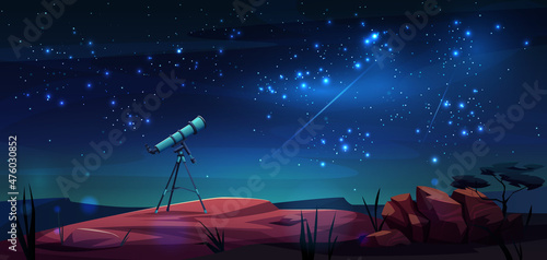 Modern portable telescope on tripod and starry sky outdoors landscape background. Vector optical device to explore, discover galaxy, cosmos, space, educational tool an night scenery, comets and rocks