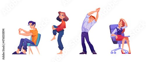 People stretching and relaxing during break isolated flat cartoon characters. Vector workers doing exercises to reduce stress and tiredness, standing and sitting on chair. Men women physical activity
