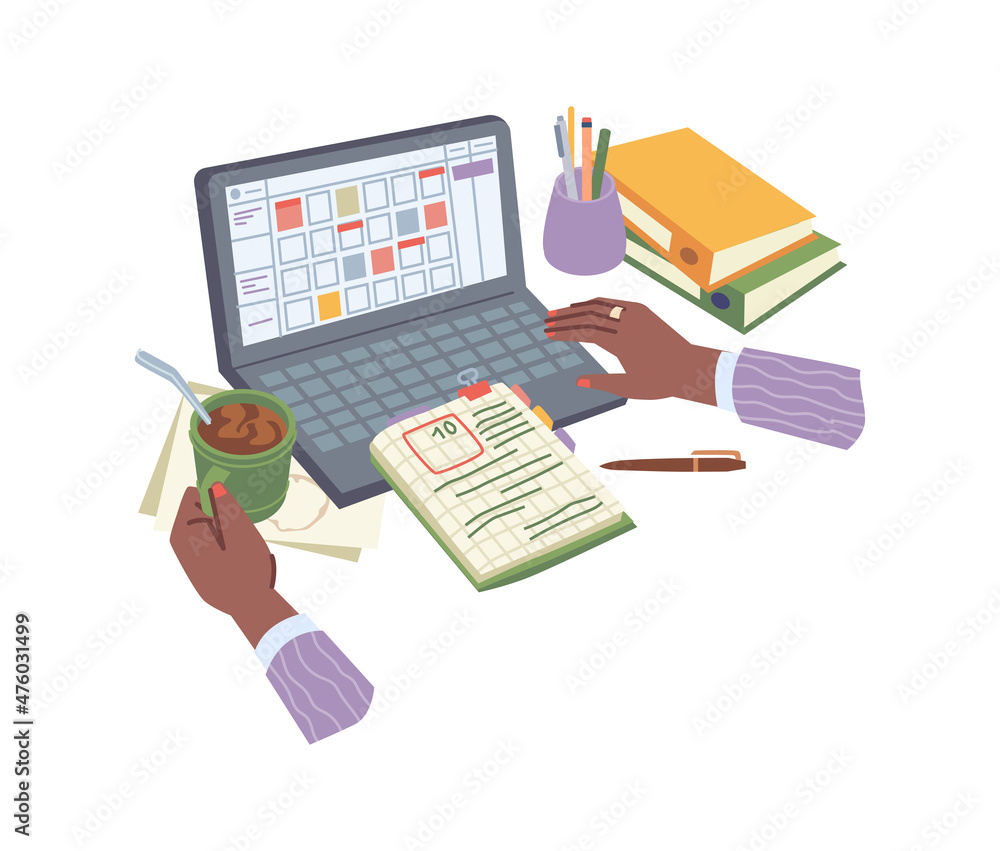 Person working on computer and filling in journal or personal planner. Organization and management at work, distant worker with books, students studying online classes with cup of coffee, vector Person working on computer and filling in journal or personal planner. Organization and management at work, distant worker with books, students studying online classes with cup of coffee, vector