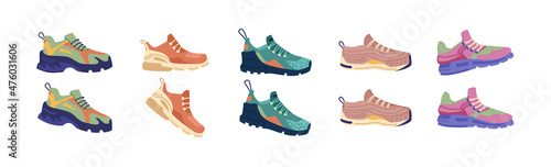 Modern and fashionable clothing for running and jogging, isolated pairs of shoes for training and fitness. Assortment in store or shop, rubber sneakers and trainers composition. Vector in flat