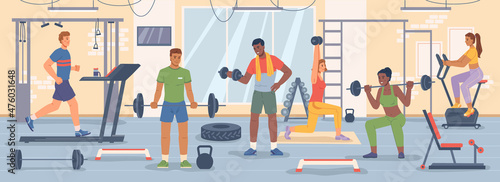 Exercising and keeping fit, people working out in gym using barbels and dumbbells, treadmill running track and bike. Fitness and bodybuilding, powerlifting and strengthening of body, vector in flat